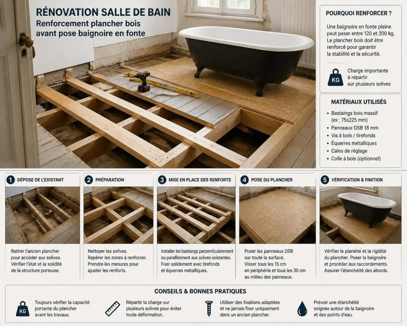 découvrez le coût d'un renforcement de plancher bois avant l'installation d'une baignoire en fonte, avec des conseils pour bien préparer votre sol et éviter les surcoûts.