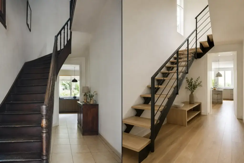 Avant et après : vieil escalier en bois remplacé par un escalier métallique