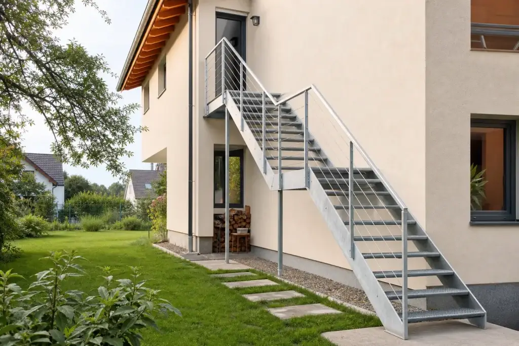Escalier extérieur en acier galvanisé contre une façade