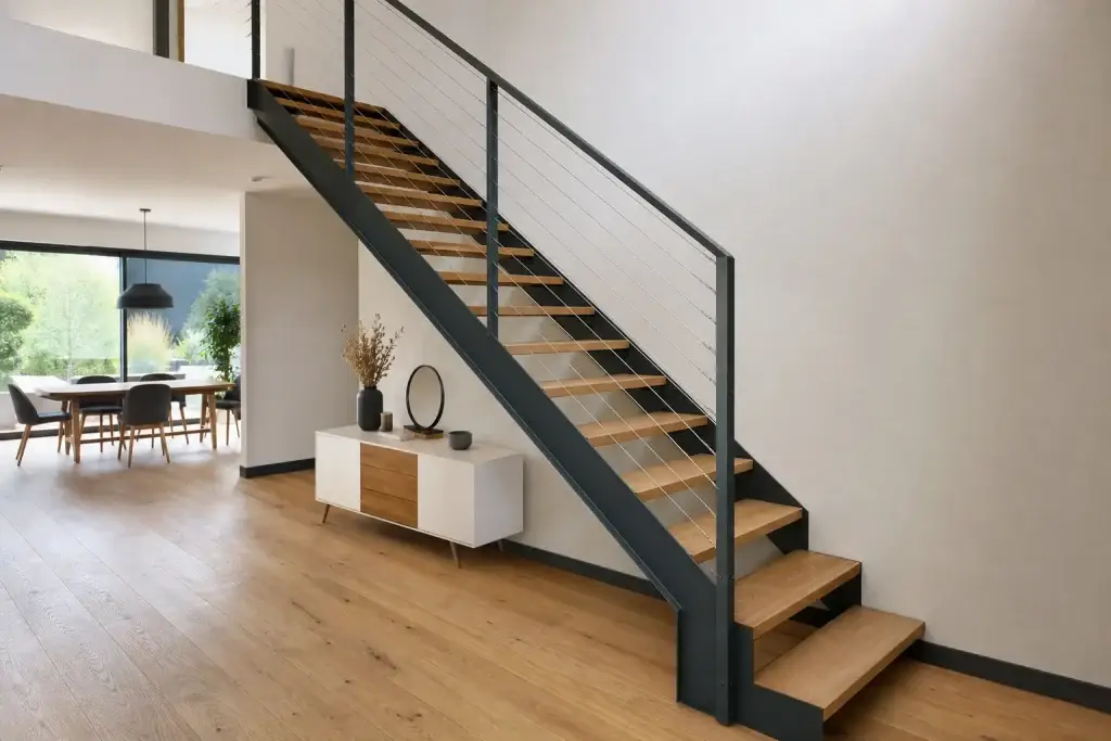 Escalier métallique avec garde-corps à câbles inox