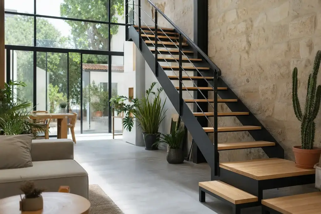 Escalier métallique quart tournant noir avec marches en chêne dans un loft lumineux