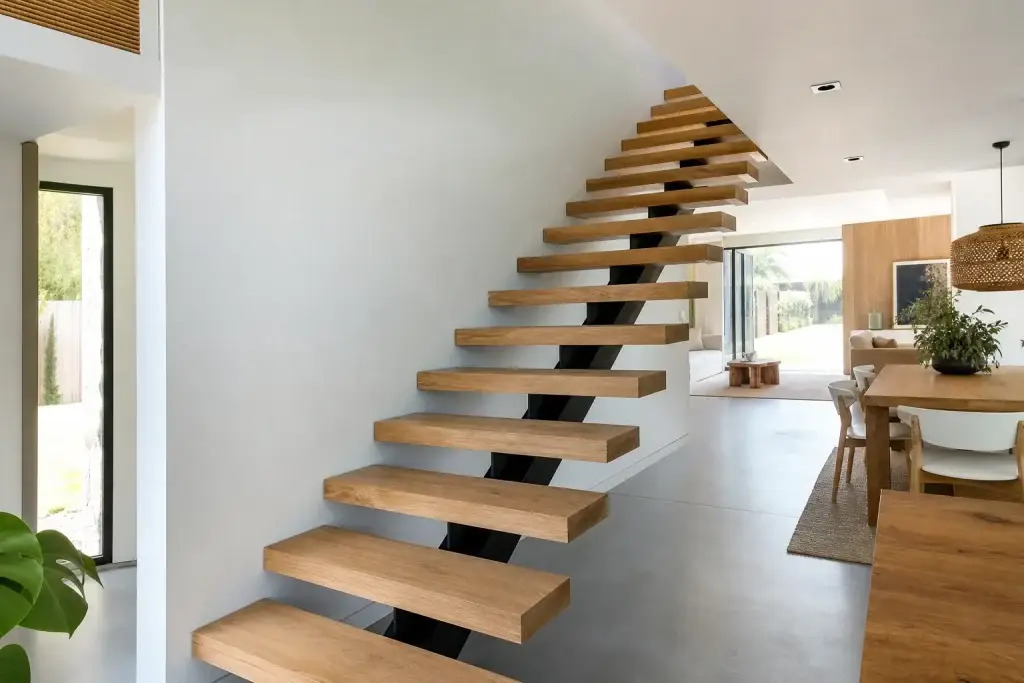 Escalier droit sur limon central en acier avec marches en chêne