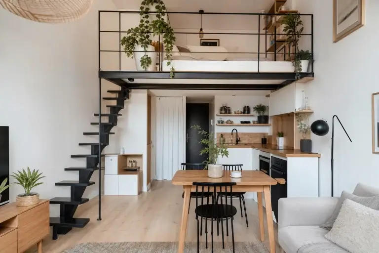 Escalier métallique compact menant à une mezzanine dans un studio