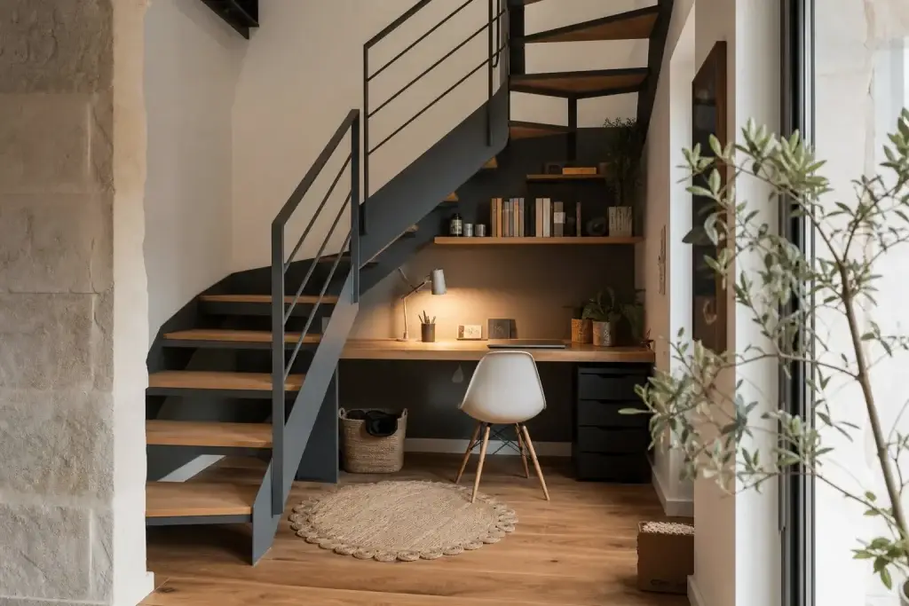 Coin bureau aménagé sous un escalier métallique quart tournant