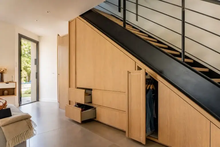 Placards sur mesure aménagés sous un escalier métallique