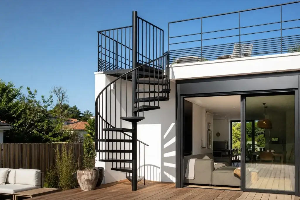 Escalier hélicoïdal extérieur menant à un toit-terrasse